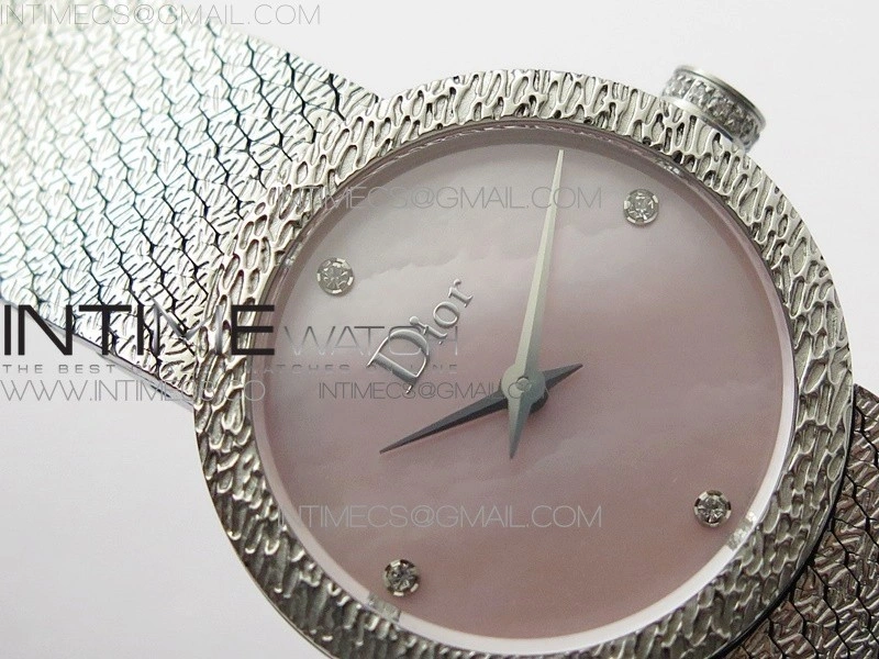La D de dior Satine SS Case 8848F 1:1 Best Edition MOP Pink Dial on SS bracelet Swiss Quartz
