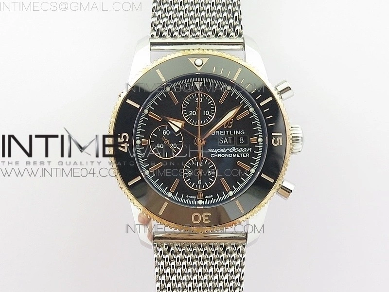 SuperOcean A13312 46mm SS RG Black Bezel Black Dial black subdial on SS Bracelet A7750