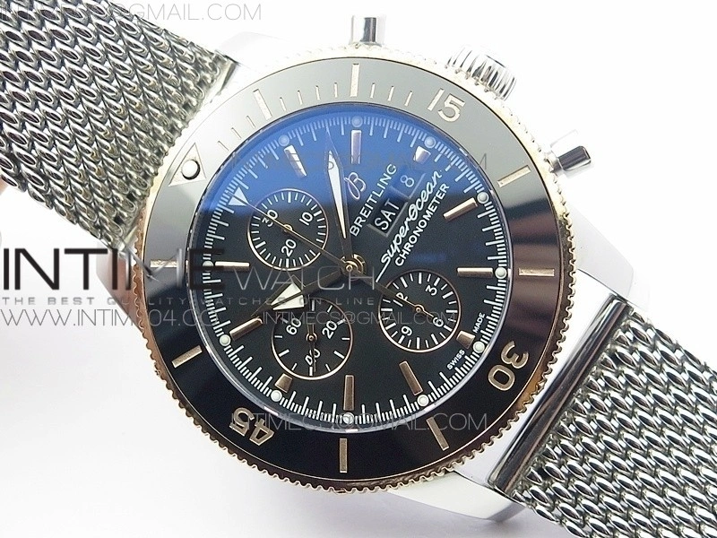 SuperOcean A13312 46mm SS RG Black Bezel Black Dial black subdial on SS Bracelet A7750