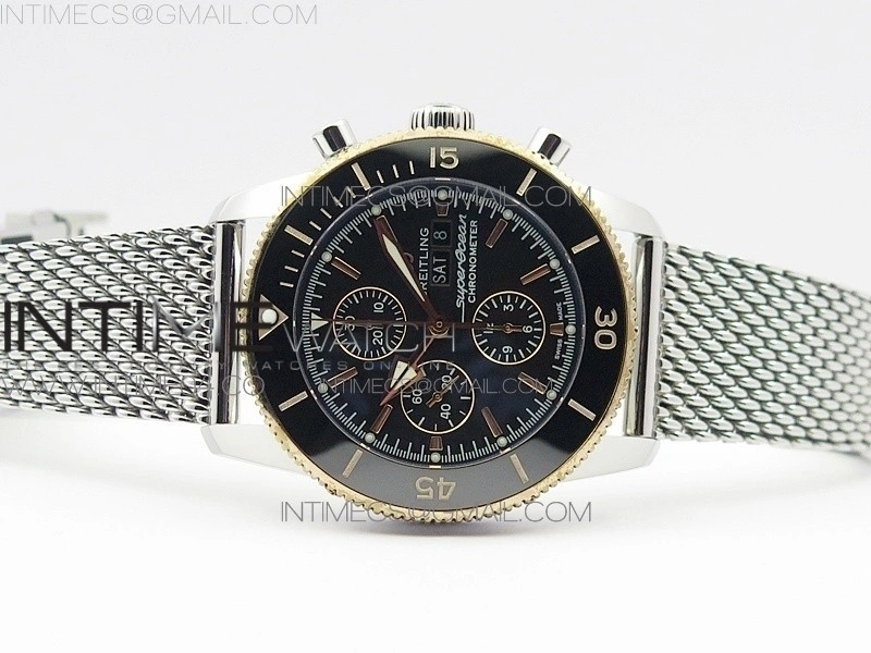 SuperOcean A13312 46mm SS RG Black Bezel Black Dial black subdial on SS Bracelet A7750