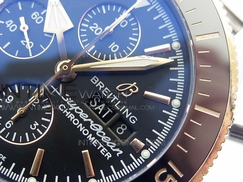 SuperOcean A13312 46mm SS RG Black Bezel Black Dial black subdial on SS Bracelet A7750