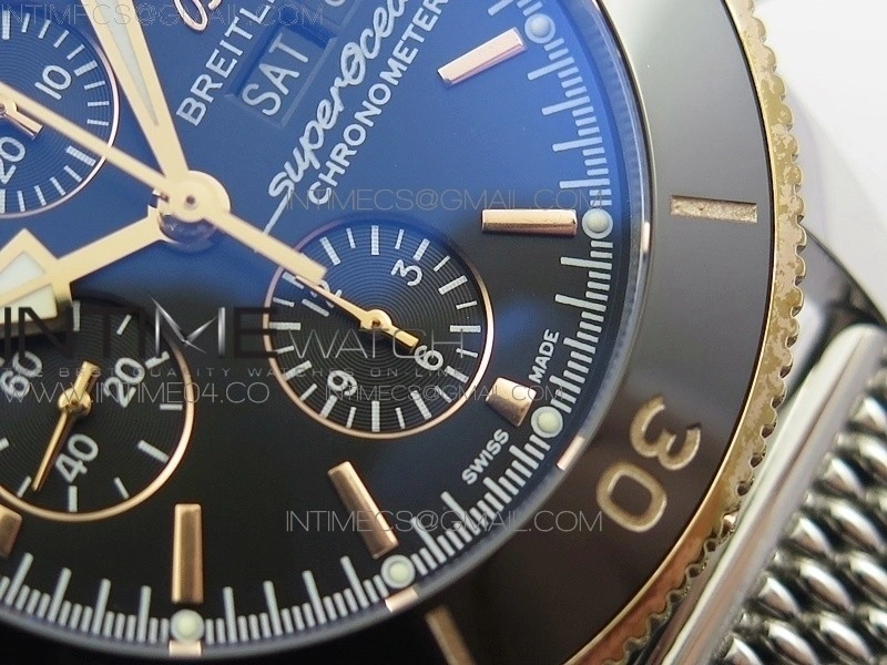 SuperOcean A13312 46mm SS RG Black Bezel Black Dial black subdial on SS Bracelet A7750