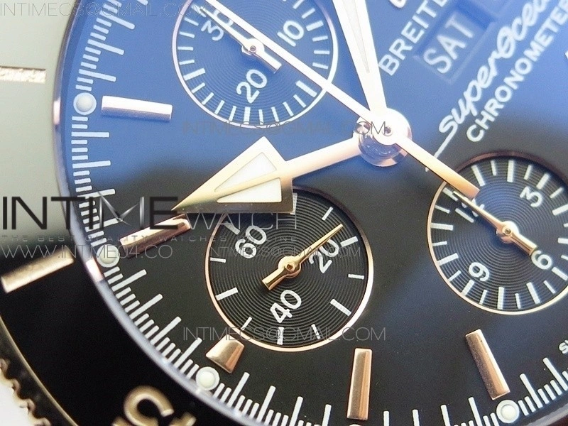 SuperOcean A13312 46mm SS RG Black Bezel Black Dial black subdial on SS Bracelet A7750