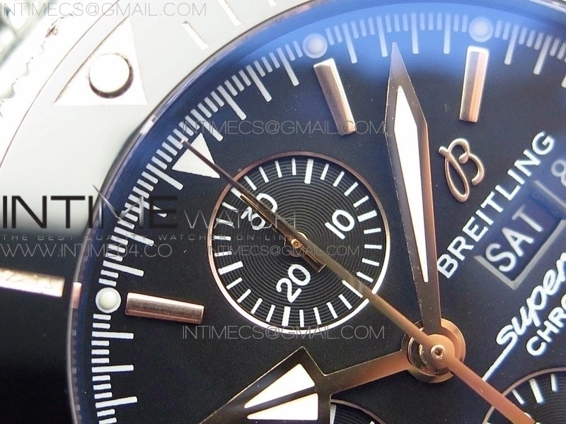 SuperOcean A13312 46mm SS RG Black Bezel Black Dial black subdial on SS Bracelet A7750