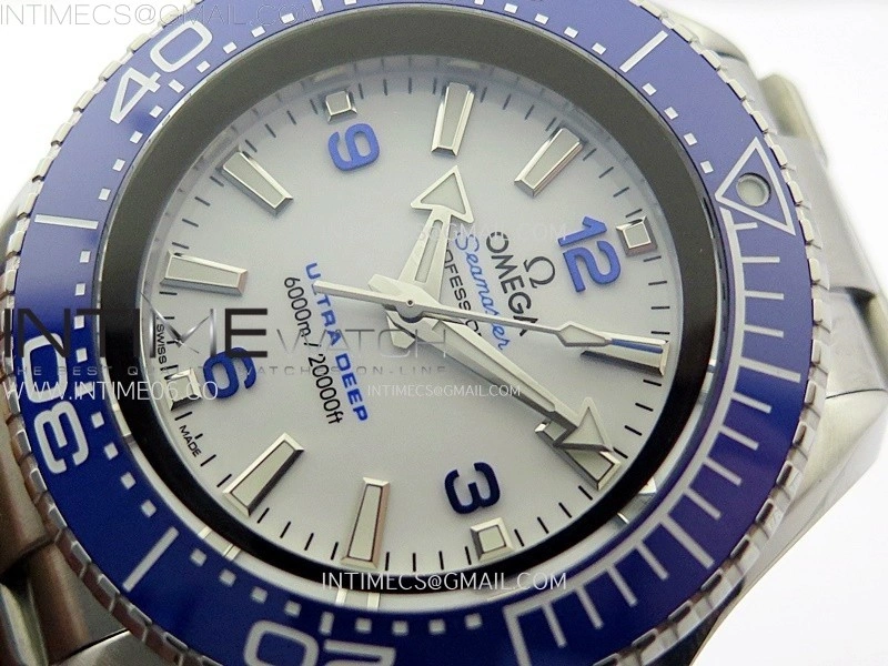 Seamaster 6000M Ultra Deep SS TF 1:1 Best Edition White Dial Blue Ceramic Bezel on SS Bracelet A2824