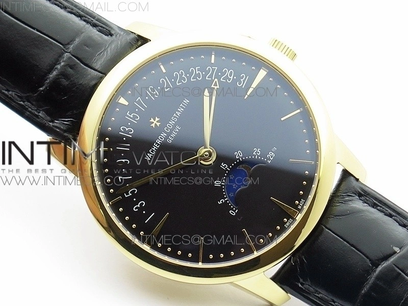 Patrimony Retrograde Date Moon Phases YG GS Best Edition Black Dial on Black Leather Strap A2460