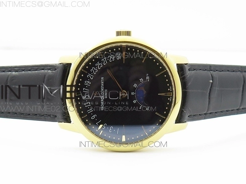 Patrimony Retrograde Date Moon Phases YG GS Best Edition Black Dial on Black Leather Strap A2460