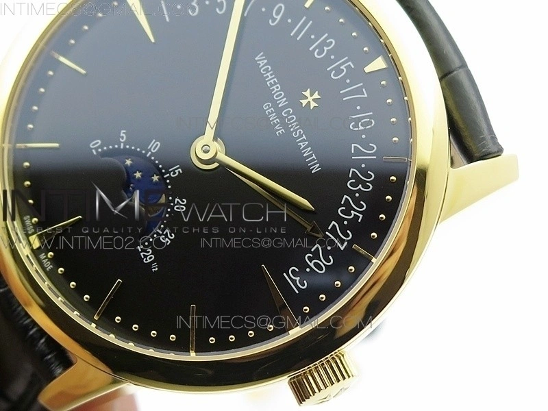 Patrimony Retrograde Date Moon Phases YG GS Best Edition Black Dial on Black Leather Strap A2460