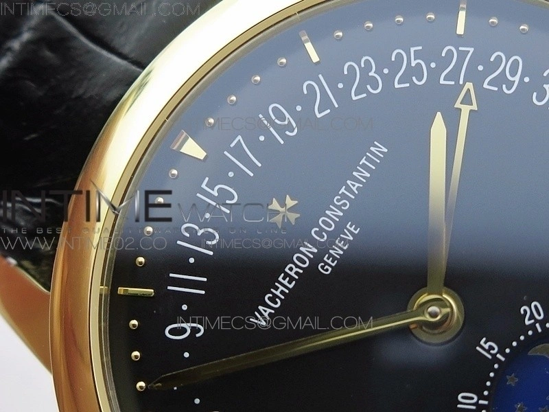 Patrimony Retrograde Date Moon Phases YG GS Best Edition Black Dial on Black Leather Strap A2460