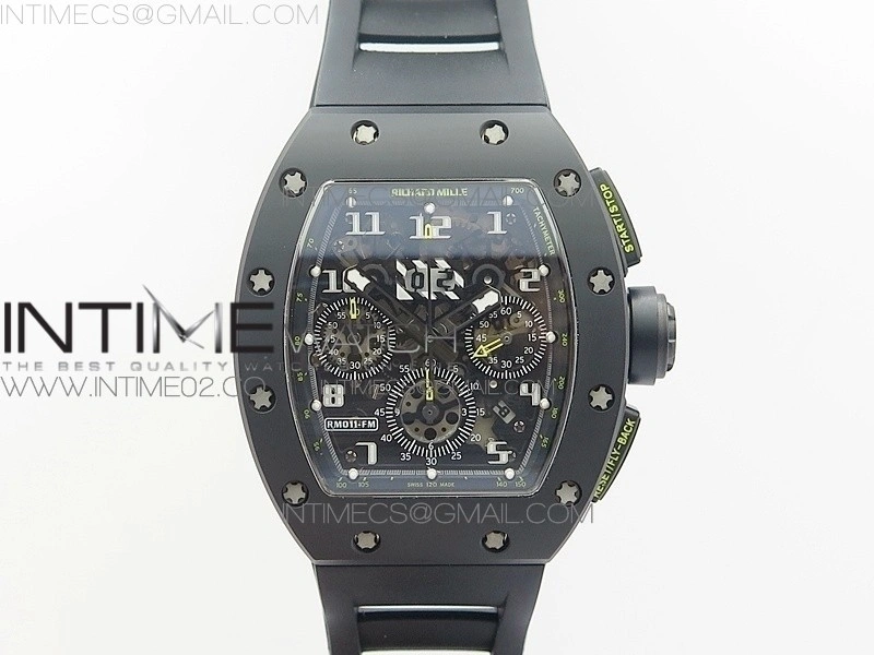 RM011 Carbon Case Chronograph KVF 1:1 Best Edition Ceramic Bezel Skeleton Dial on Black Rubber Strap A7750