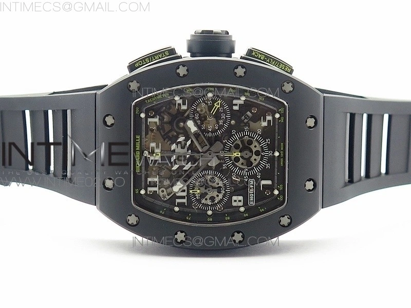RM011 Carbon Case Chronograph KVF 1:1 Best Edition Ceramic Bezel Skeleton Dial on Black Rubber Strap A7750