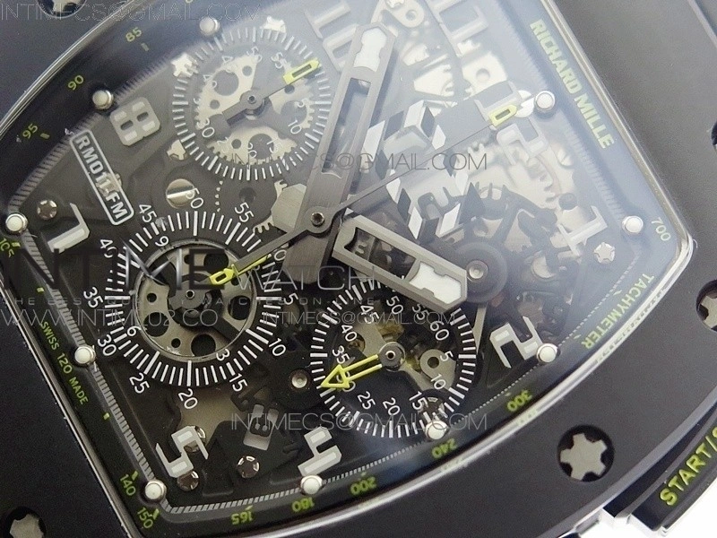 RM011 Carbon Case Chronograph KVF 1:1 Best Edition Ceramic Bezel Skeleton Dial on Black Rubber Strap A7750