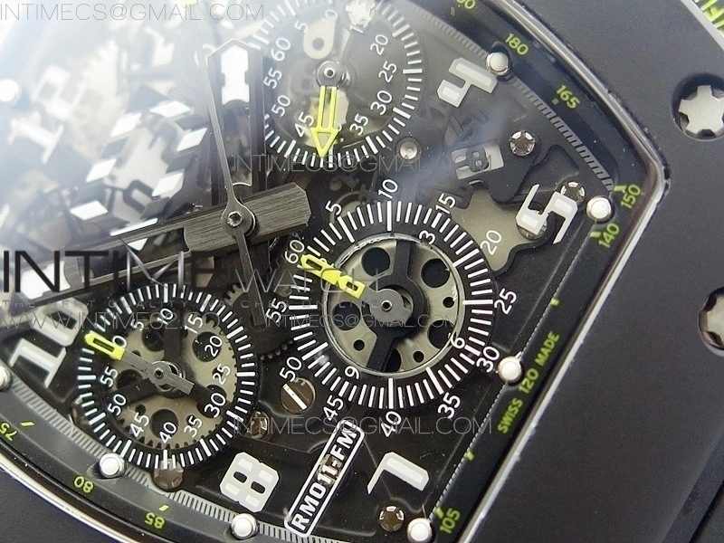 RM011 Carbon Case Chronograph KVF 1:1 Best Edition Ceramic Bezel Skeleton Dial on Black Rubber Strap A7750