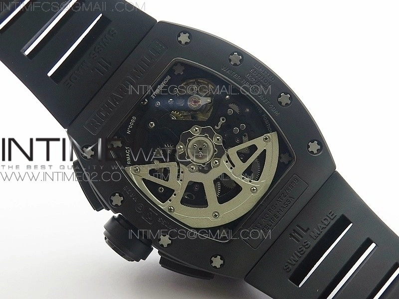 RM011 Carbon Case Chronograph KVF 1:1 Best Edition Ceramic Bezel Skeleton Dial on Black Rubber Strap A7750