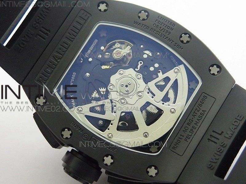 RM011 Carbon Case Chronograph KVF 1:1 Best Edition Ceramic Bezel Skeleton Dial on Black Rubber Strap A7750