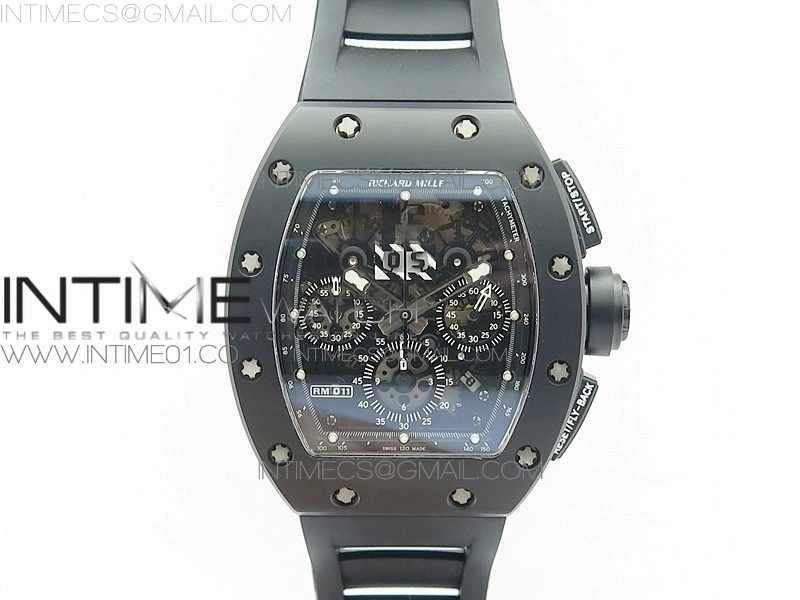 RM011 Ceramic Chronograph KVF 1:1 Best Edition Crystal Skeleton Dial Black on Black Rubber Strap A7750