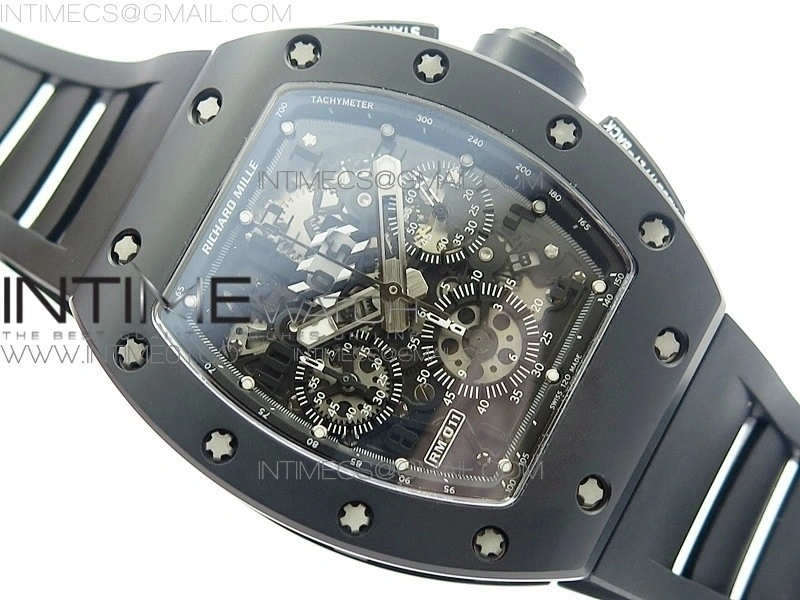 RM011 Ceramic Chronograph KVF 1:1 Best Edition Crystal Skeleton Dial Black on Black Rubber Strap A7750