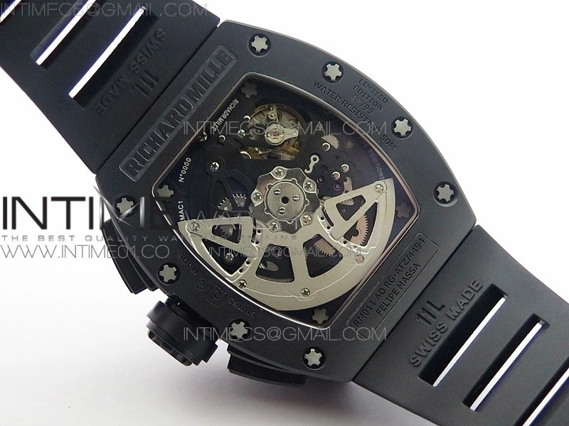 RM011 Ceramic Chronograph KVF 1:1 Best Edition Crystal Skeleton Dial Black on Black Rubber Strap A7750