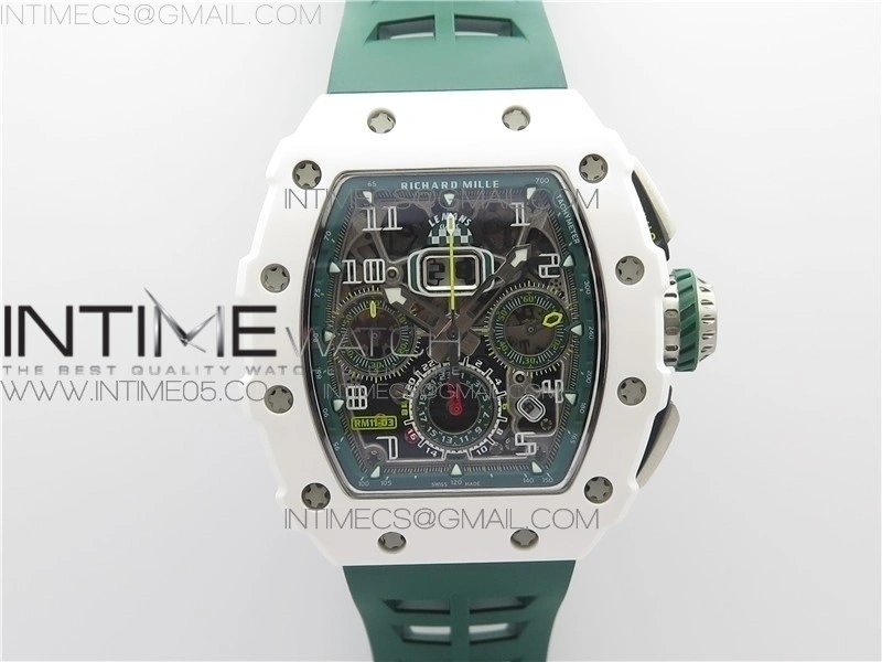 RM011 Real White Ceramic Chronograph KVF 1:1 Best Edition Crystal Skeleton Dial Green on Green Rubber Strap A7750