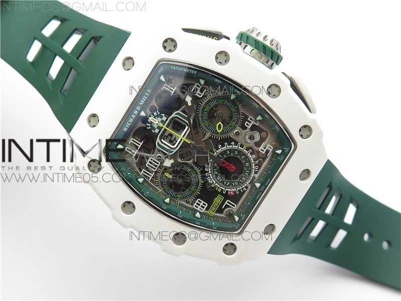 RM011 Real White Ceramic Chronograph KVF 1:1 Best Edition Crystal Skeleton Dial Green on Green Rubber Strap A7750