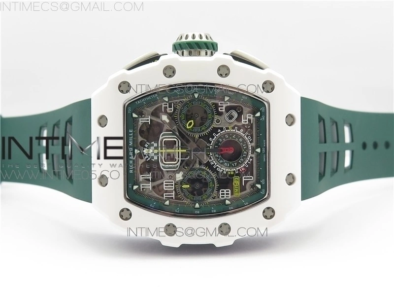 RM011 Real White Ceramic Chronograph KVF 1:1 Best Edition Crystal Skeleton Dial Green on Green Rubber Strap A7750