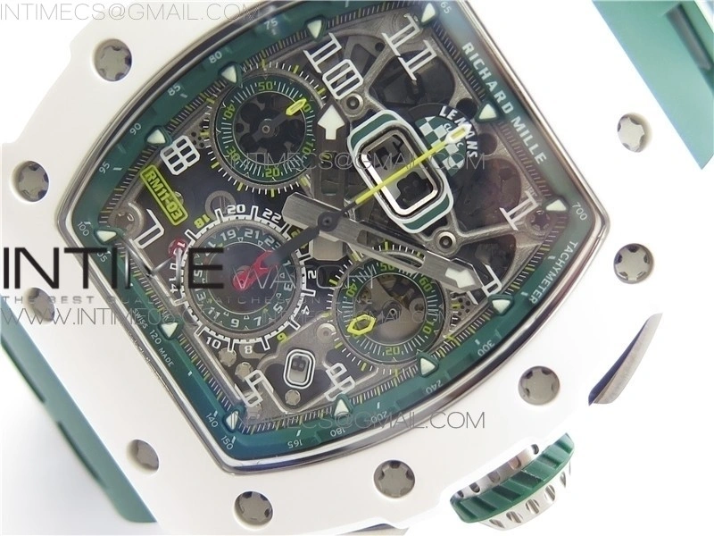 RM011 Real White Ceramic Chronograph KVF 1:1 Best Edition Crystal Skeleton Dial Green on Green Rubber Strap A7750