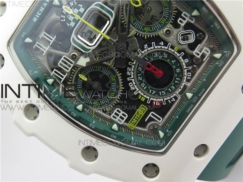 RM011 Real White Ceramic Chronograph KVF 1:1 Best Edition Crystal Skeleton Dial Green on Green Rubber Strap A7750