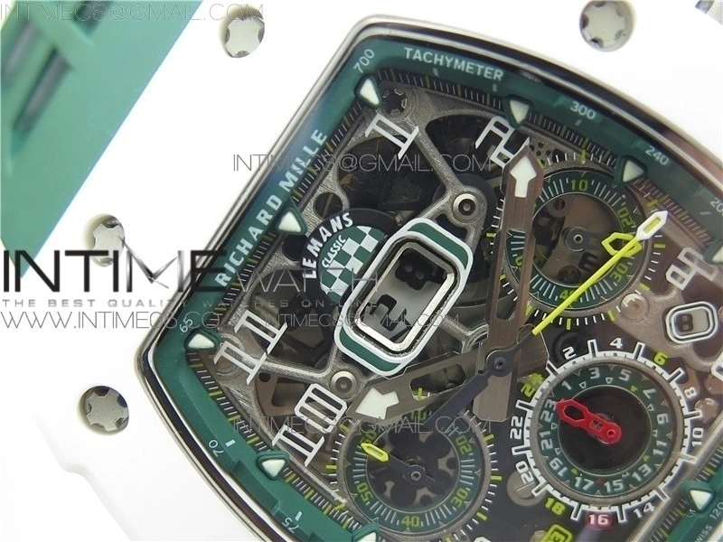RM011 Real White Ceramic Chronograph KVF 1:1 Best Edition Crystal Skeleton Dial Green on Green Rubber Strap A7750