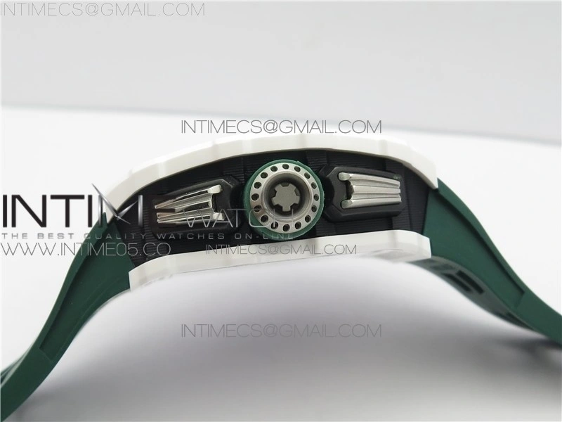 RM011 Real White Ceramic Chronograph KVF 1:1 Best Edition Crystal Skeleton Dial Green on Green Rubber Strap A7750