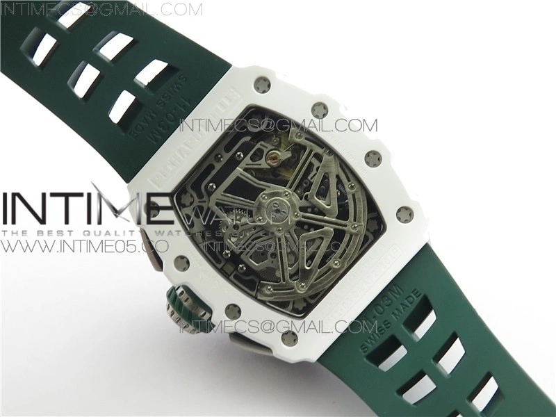 RM011 Real White Ceramic Chronograph KVF 1:1 Best Edition Crystal Skeleton Dial Green on Green Rubber Strap A7750
