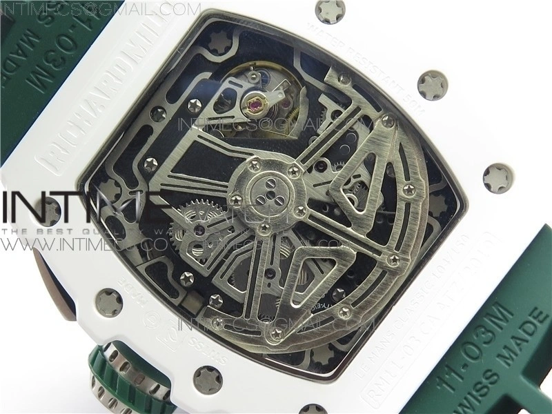 RM011 Real White Ceramic Chronograph KVF 1:1 Best Edition Crystal Skeleton Dial Green on Green Rubber Strap A7750