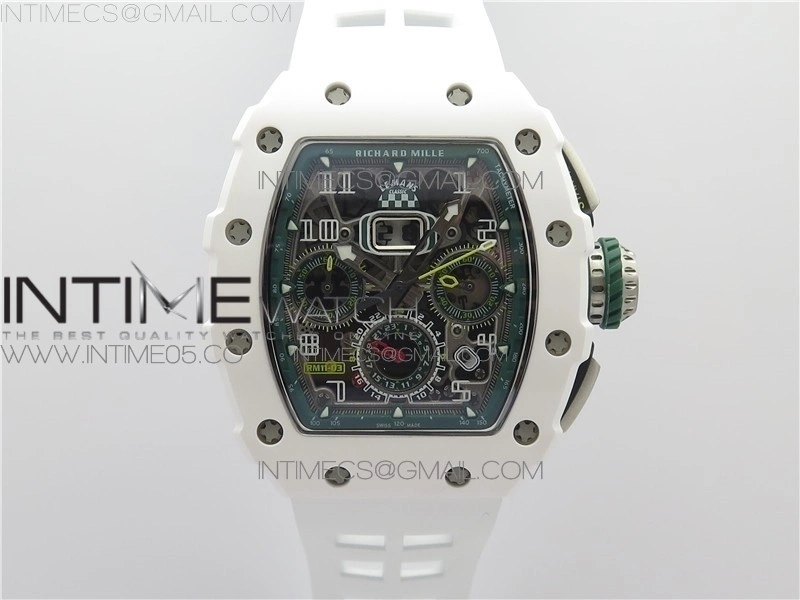 RM011 Real White Ceramic Chronograph KVF 1:1 Best Edition Crystal Skeleton Dial Green on White Rubber Strap A7750