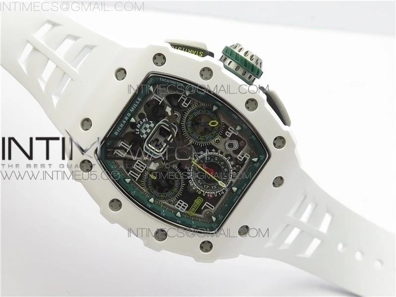 RM011 Real White Ceramic Chronograph KVF 1:1 Best Edition Crystal Skeleton Dial Green on White Rubber Strap A7750