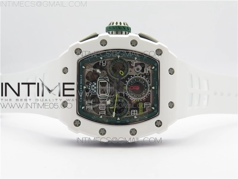 RM011 Real White Ceramic Chronograph KVF 1:1 Best Edition Crystal Skeleton Dial Green on White Rubber Strap A7750