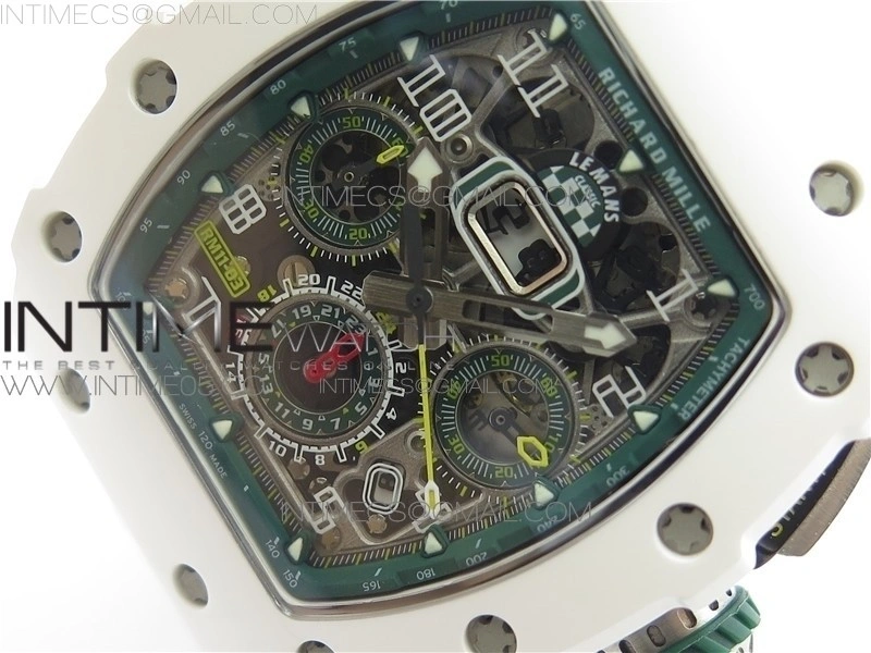 RM011 Real White Ceramic Chronograph KVF 1:1 Best Edition Crystal Skeleton Dial Green on White Rubber Strap A7750
