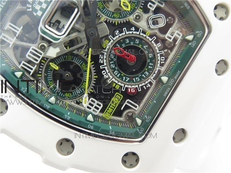 RM011 Real White Ceramic Chronograph KVF 1:1 Best Edition Crystal Skeleton Dial Green on White Rubber Strap A7750