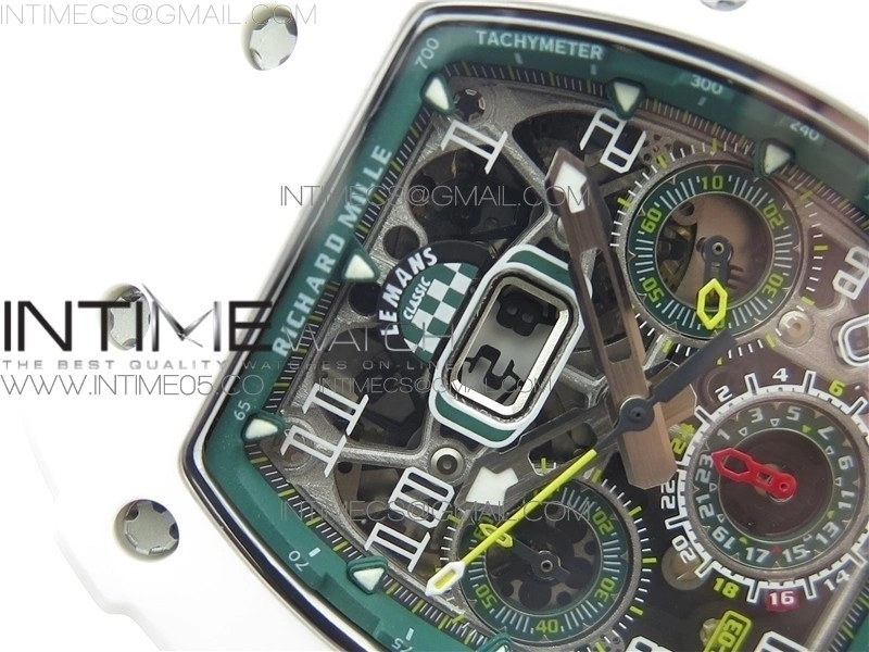 RM011 Real White Ceramic Chronograph KVF 1:1 Best Edition Crystal Skeleton Dial Green on White Rubber Strap A7750