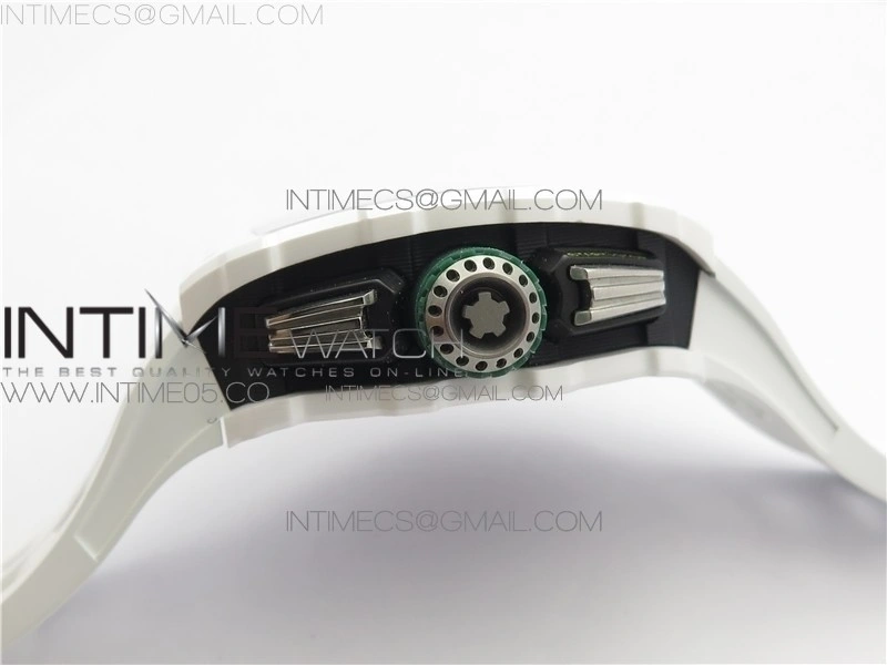 RM011 Real White Ceramic Chronograph KVF 1:1 Best Edition Crystal Skeleton Dial Green on White Rubber Strap A7750