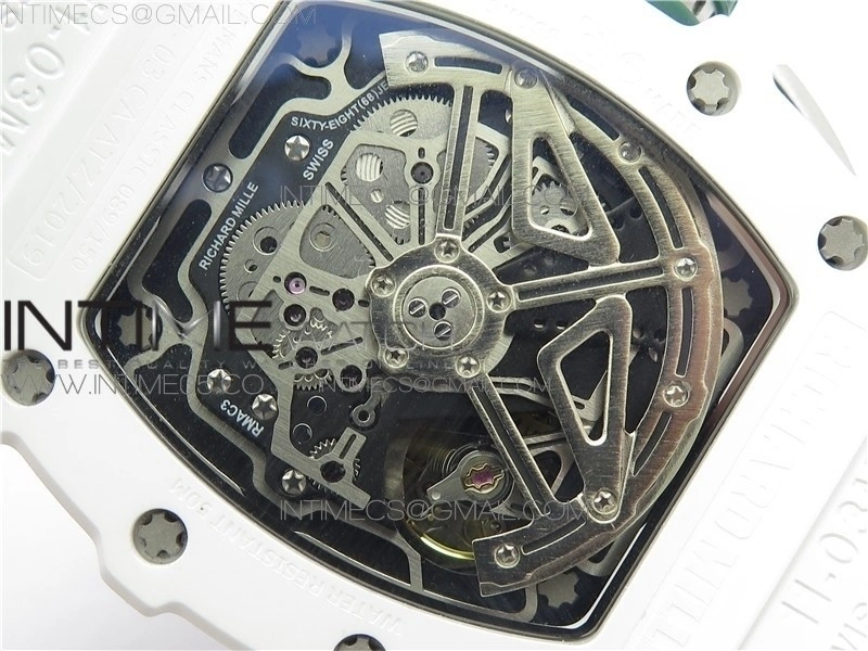 RM011 Real White Ceramic Chronograph KVF 1:1 Best Edition Crystal Skeleton Dial Green on White Rubber Strap A7750