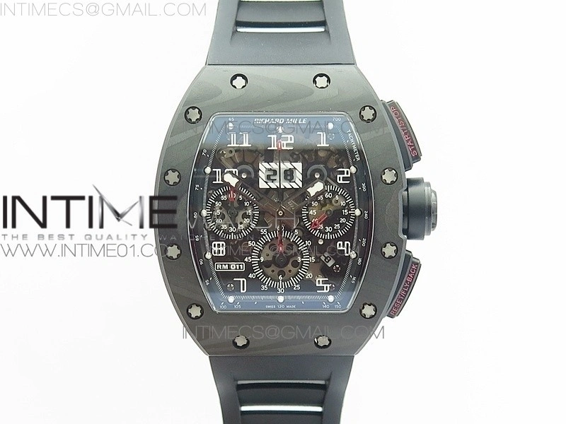 RM011 NTPT Carbon Case Chronograph KVF 1:1 Best Edition Crystal Skeleton Dial White on Black Rubber Strap A7750