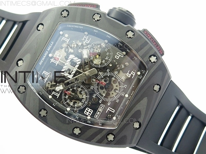 RM011 NTPT Carbon Case Chronograph KVF 1:1 Best Edition Crystal Skeleton Dial White on Black Rubber Strap A7750