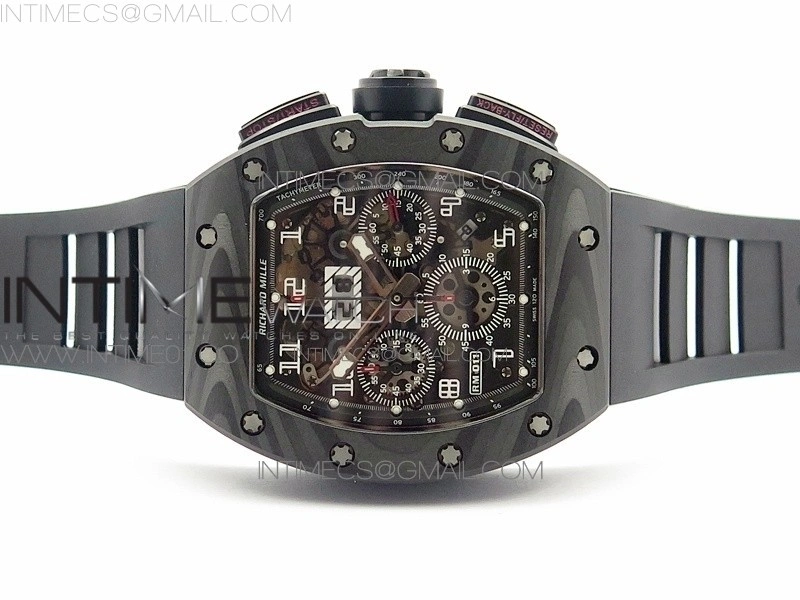 RM011 NTPT Carbon Case Chronograph KVF 1:1 Best Edition Crystal Skeleton Dial White on Black Rubber Strap A7750