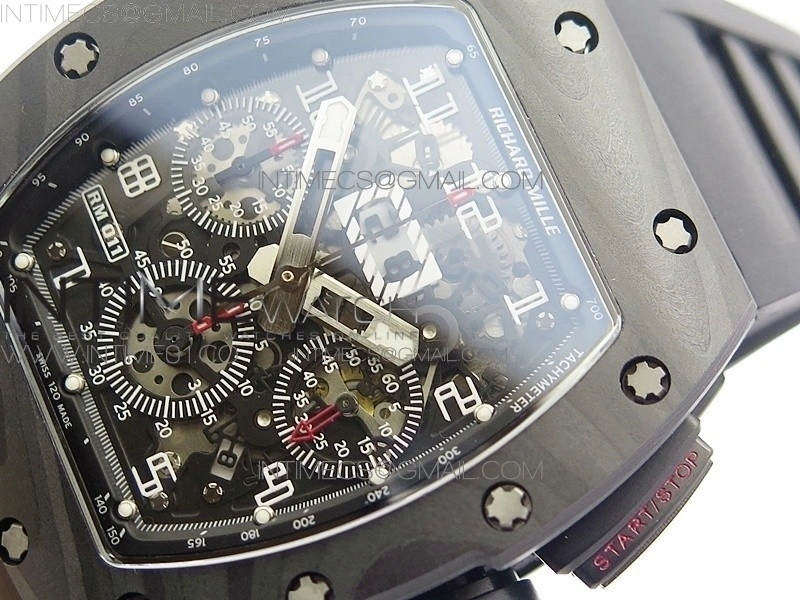 RM011 NTPT Carbon Case Chronograph KVF 1:1 Best Edition Crystal Skeleton Dial White on Black Rubber Strap A7750