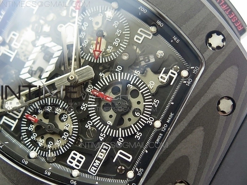 RM011 NTPT Carbon Case Chronograph KVF 1:1 Best Edition Crystal Skeleton Dial White on Black Rubber Strap A7750