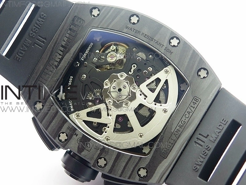 RM011 NTPT Carbon Case Chronograph KVF 1:1 Best Edition Crystal Skeleton Dial White on Black Rubber Strap A7750