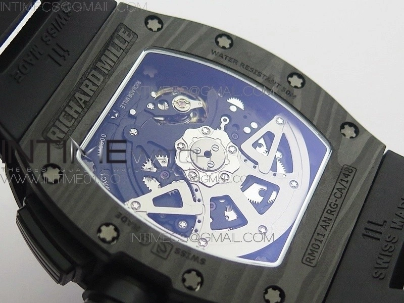 RM011 NTPT Carbon Case Chronograph KVF 1:1 Best Edition Crystal Skeleton Dial White on Black Rubber Strap A7750