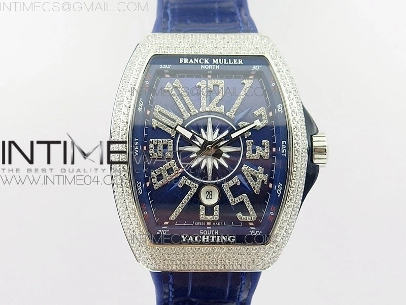 Vanguard V45 SS Full Diamonds Blue Textured Diamonds Markers on Blue Gummy Strap A2813