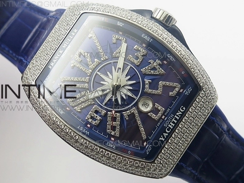 Vanguard V45 SS Full Diamonds Blue Textured Diamonds Markers on Blue Gummy Strap A2813