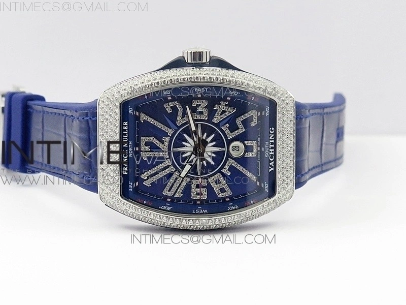 Vanguard V45 SS Full Diamonds Blue Textured Diamonds Markers on Blue Gummy Strap A2813