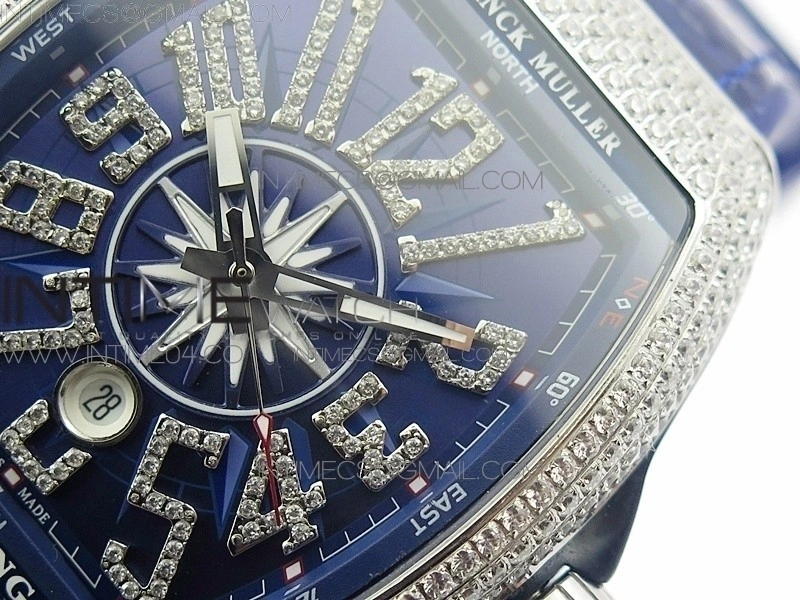 Vanguard V45 SS Full Diamonds Blue Textured Diamonds Markers on Blue Gummy Strap A2813